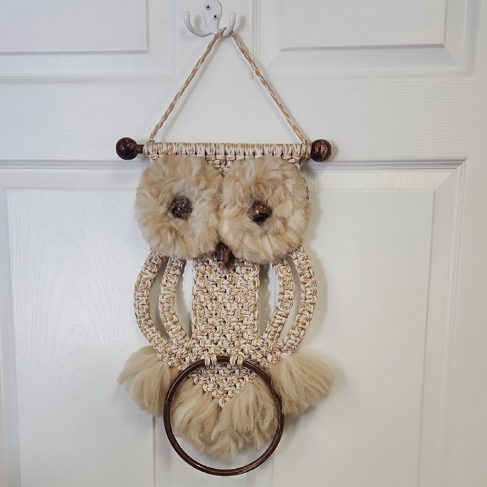 Vintage 70s Macrame Owl Towel Holder